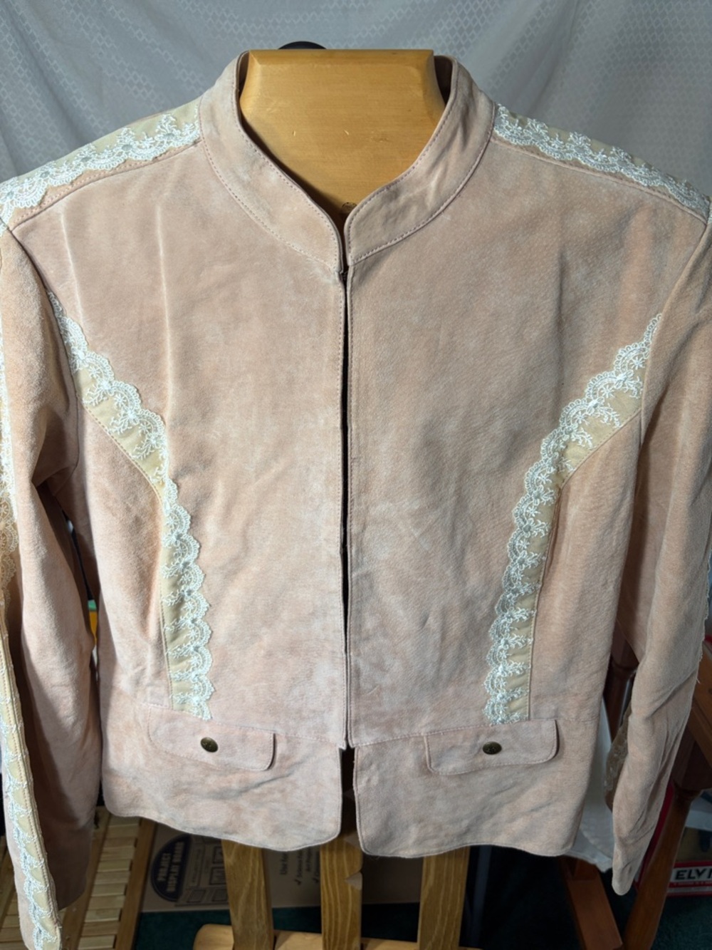 Cervelle Women's Blush Pink Leather  Lace-Trim Jacket